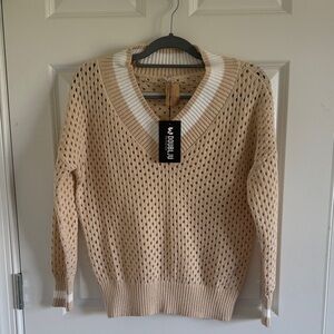 DoublJU Open-Knit V-Neck Sweater Preppy Lightweight Pullover Size Large